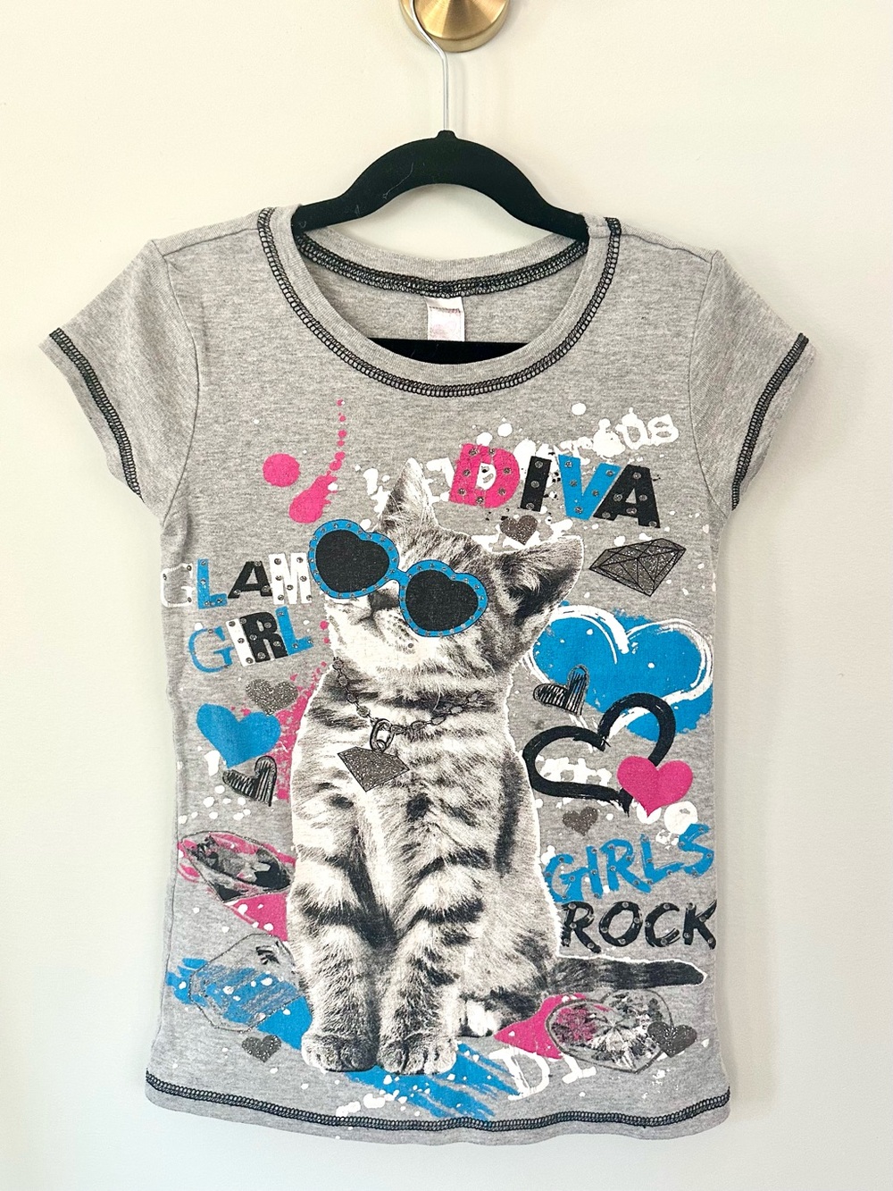 Beautees Y2K McBling Girls Cat Graphic Rhinestone Diva T-Shirt Size S